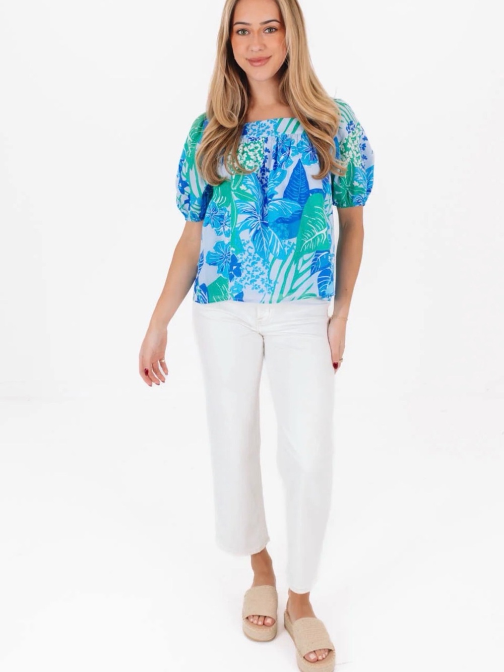 J. Marie Floral Square Neck Puff Sleeve Top $106 SIZE M Tropical Resort Beach